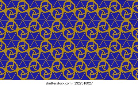 Original interior background in triangles style. Curved line. Vector illustration. Blue, orange color. For modern interior design, fashion print. Seamless.