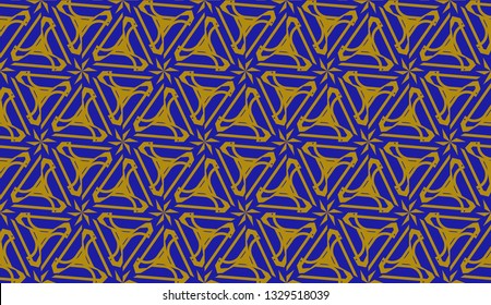 Original interior background in triangles style. Curved line. Vector illustration. Blue, orange color. For modern interior design, fashion print. Seamless.
