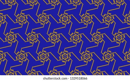 Original interior background in triangles style. Curved line. Vector illustration. Blue, orange color. For modern interior design, fashion print. Seamless.