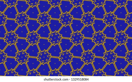 Original interior background in triangles style. Curved line. Vector illustration. Blue, orange color. For modern interior design, fashion print. Seamless.