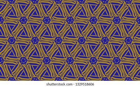 Original interior background in triangles style. Curved line. Vector illustration. Blue, orange color. For modern interior design, fashion print. Seamless.