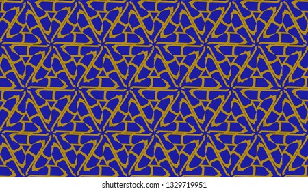 Original interior background in triangles style. Curved line. Vector illustration. Blue, orange color. For modern interior design, fashion print. Seamless.