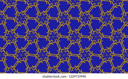 Original interior background in triangles style. Curved line. Vector illustration. Blue, orange color. For modern interior design, fashion print. Seamless.