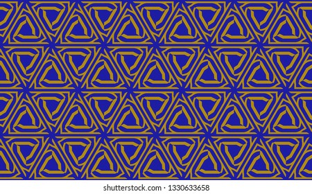 Original interior background in triangles style. Curved line. Vector illustration. Blue, orange color. For modern interior design, fashion print. Seamless.
