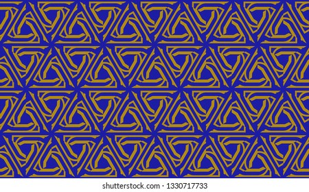 Original interior background in triangles style. Curved line. Vector illustration. Blue, orange color. For modern interior design, fashion print. Seamless.