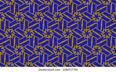 Original interior background in triangles style. Curved line. Vector illustration. Blue, orange color. For modern interior design, fashion print. Seamless.