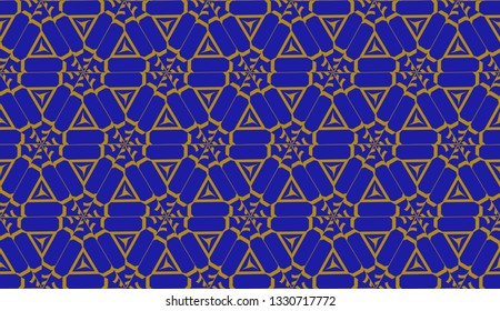 Original interior background in triangles style. Curved line. Vector illustration. Blue, orange color. For modern interior design, fashion print. Seamless.