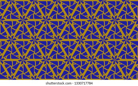 Original interior background in triangles style. Curved line. Vector illustration. Blue, orange color. For modern interior design, fashion print. Seamless.