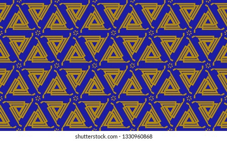 Original interior background in triangles style. Curved line. Vector illustration. Blue, orange color. For modern interior design, fashion print. Seamless.
