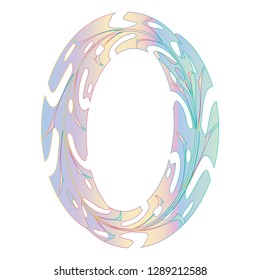 Original Iridescent Zero Symbol Design. Tropical Leaf Style Letter O Vector Illustration. Stylish Idea for Logo, Emblem etc. Null Number Textured Design in Rainbow Unicorn Colors. Oval Frame Template