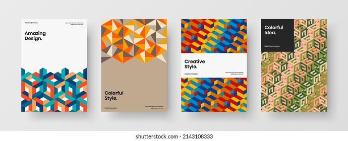 Original journal cover A4 design vector illustration bundle. Vivid geometric shapes leaflet template collection.