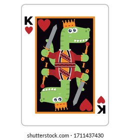 Original king of hearts dinosaur playing card. Cartoon style. Vector illustration. Flat design style.