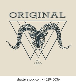 Original - label with ram's head in vintage colors. Vector stamp or banner. 