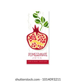 Original label template with ripe pomegranate and green leaves. Delicious fruit beverage. Hand drawn design for juice or yogurt packaging. Colorful vector illustration