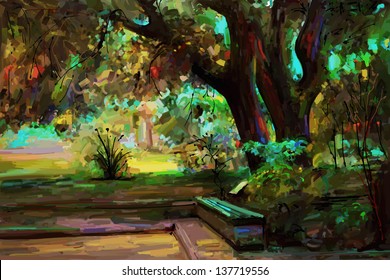 original landscape painting, park in spring, vector version