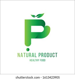 Original Letter P for logotype. Natural product with green tree leaf for logo world ecology. Flat Vector Illustration EPS10