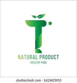 Original Letter T for logotype. Natural product with green tree leaf for logo world ecology. Flat Vector Illustration EPS10