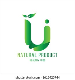 Original Letter U for logotype. Natural product with green tree leaf for logo world ecology. Flat Vector Illustration EPS10