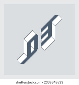Original letters. D and number 3. Volume alphabet. D3 - monogram or logotype. Isometric 3d font for design.