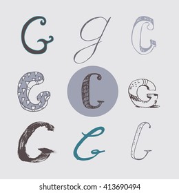 Original letters G set, isolated on light gray background. Alphabet symbols, editable, hand drawn, creative, in different variations, Italic, 3d, freehand, drawn with brush and nib vector Illustration