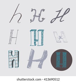 Original letters H set, isolated on light gray background. Alphabet symbols, editable, hand drawn, creative, in different variations, Italic, 3d, freehand, drawn with brush and nib vector Illustration