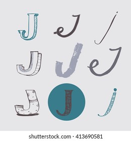 Original letters J set, isolated on light gray background. Alphabet symbols, editable, hand drawn, creative, in different variations, Italic, 3d, freehand, drawn with brush and nib vector Illustration