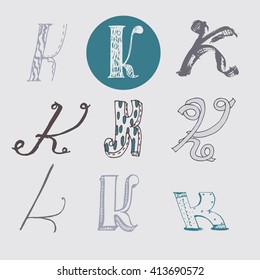 Original letters K set, isolated on light gray background. Alphabet symbols, editable, hand drawn, creative, in different variations, Italic, 3d, freehand, drawn with brush and nib vector Illustration