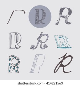 Original letters R set, isolated on light gray background. Alphabet symbols, editable, hand drawn, creative, in different variations, Italic, 3d, freehand, drawn with brush and nib vector Illustration