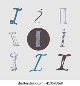Original letters I set, isolated on light gray background. Alphabet symbols, editable, hand drawn, creative, in different variations, Italic, 3d, freehand, drawn with brush and nib vector Illustration