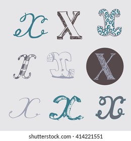 Original letters X set, isolated on light gray background. Alphabet symbols, editable, hand drawn, creative, in different variations, Italic, 3d, freehand, drawn with brush and nib vector Illustration