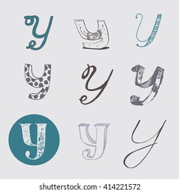 Original letters Y set, isolated on light gray background. Alphabet symbols, editable, hand drawn, creative, in different variations, Italic, 3d, freehand, drawn with brush and nib vector Illustration