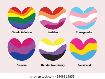 Original LGBTQIA+ multi-colored hearts on isolated background. Bright rainbow hearts symbol of  LGBT pride community. For postcards, posters, invitations.