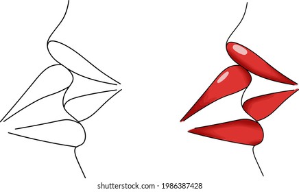 Original line hand draw illustration of a kiss. Design for tattoo, print, postcards. World Kiss Day.