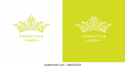 The original linear image of the crown. Isolated vector emblem. Illustration in simple flat style. Sign for natural cosmetics shop