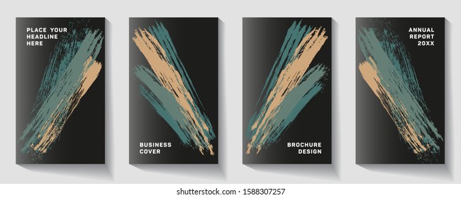 Original lines with a brush cover pattern. Minimalistic notepad cover surface set. Colorful title page illustration for college, dairy or notepad. Black background, colored brush strokes.