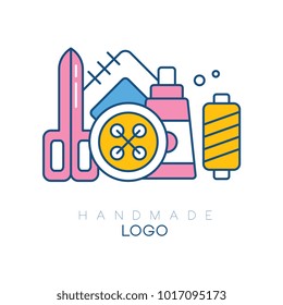 Original logo with accessories for sewing. Big spool, bobbin with threads, patch, scissors and button. Vector for handmade club. Linear emblem with colorful fill