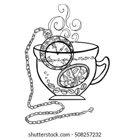 The original logo for coffee, cafe. Vector illustration with cup, coffee beans and clock. Black and white graphics. For menu design. Hand drawn.