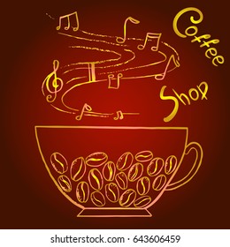 The original logo for coffee   . Vector Illustration with cup and coffee beans. Black and gold graphics. For menu design. Hand drawn.