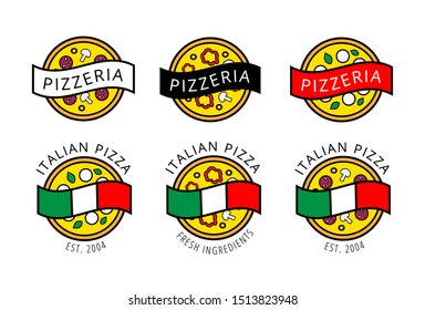 Original logo collection for pizza house, products, cafe, restaurant, pizzeria. Vector colored emblems with pizza, black, white, red and Italian flags. Brand design