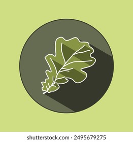 The original logo of a common oak leaf in a circle with shadows. Icon in green shades. Ecological design. Summer mood.