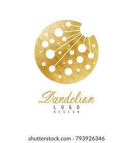 Original logo design of dandelion flower. Symbol of medical herb plant . Golden textured circular icon. Luxury vector emblem for organic product or cosmetics