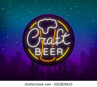 Original logo design is a neon-style beer craft for a beer house, bar pub, brewery brewery tavern, stuffing, pub, restaurant. Night beer advertising, neon glowing bright sign