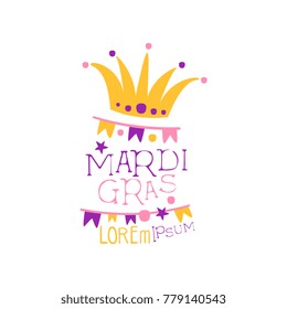 Original logo design template with fool s cap, garland of flags and lettering for Mardi Gras holiday. Fat Tuesday, carnival. Colorful flat vector isolated on white