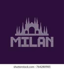 Original logo of Milan city with caption. Cathedral architecture, famous monument in Italy. Landmark icon. Graphic design template. Isolated vector illustration