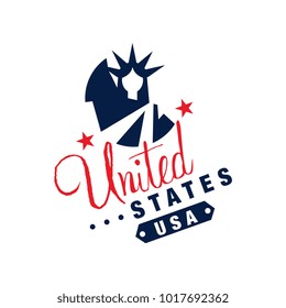 Original logo template with monochrome symbol of USA. Abstract Statue of Liberty and stars. Colored flat vector illustration isolated on white.