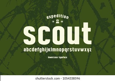 Original lowercase sans serif font. Bold face. Letters for logo and emblem design. White print on green texture background