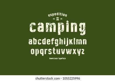 Original lowercase sans serif font. Bold face. Letters with rough texture for logo and emblem design. White print on green background