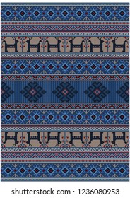 Original luxury vintage oriental rug in blue shades with deer and flowers on beige background

