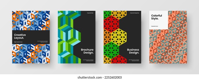 Original magazine cover A4 vector design concept bundle. Multicolored geometric tiles pamphlet illustration set.