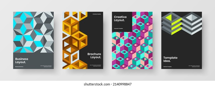 Original magazine cover design vector layout set. Multicolored geometric hexagons leaflet concept composition.